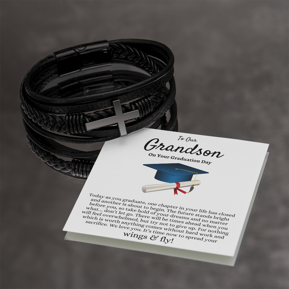 To Our Grandson Graduation Gift from Grandma Grandpa, Best Graduation Gift for Grandson, Cross Leather Bracelet, Class of 2026, Grandson Gift