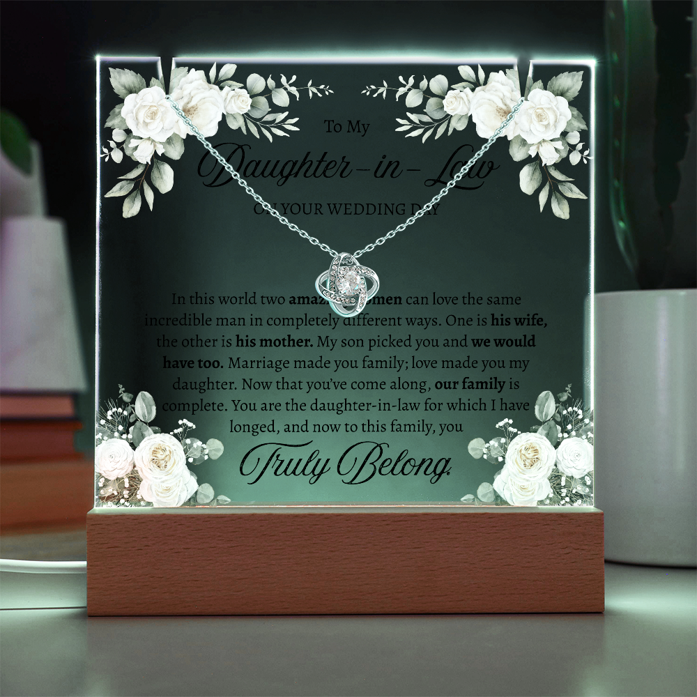 Bride Gift from Mother in Law – Love Knot Necklace & Square Acrylic Keepsake Bundle, Wedding Day Gift for Bride