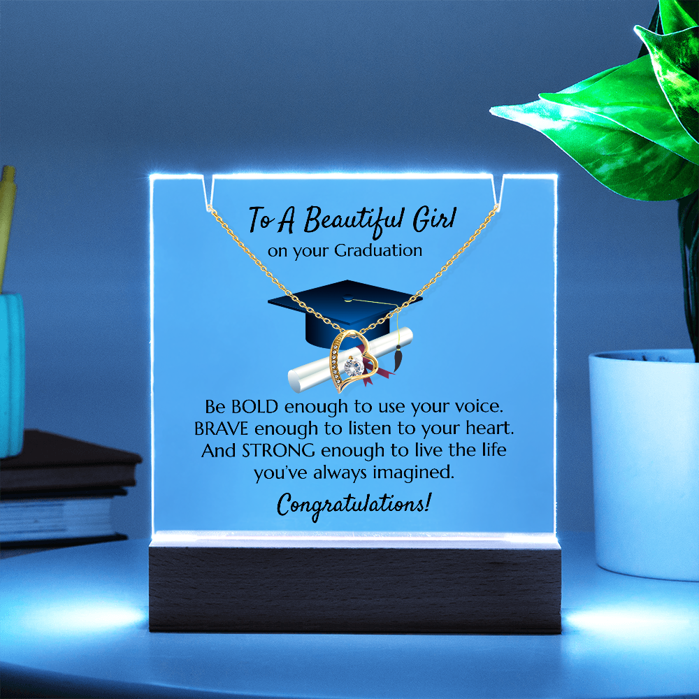 Graduation Heart Necklace with Acrylic Plaque Stand - Bold Brave Strong Gift for Her