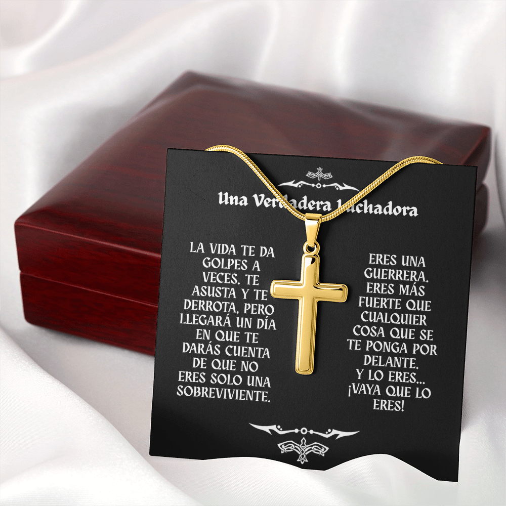Collar con Cruz y Mensaje en Español - Una Verdadera Luchadora - Regalo para Mujer