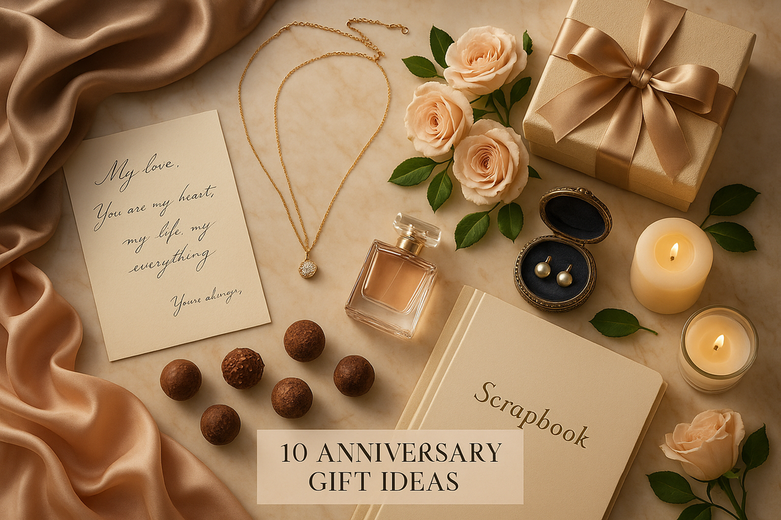 Flat lay of thoughtful anniversary gifts including a necklace, card, scrapbook, and candles.