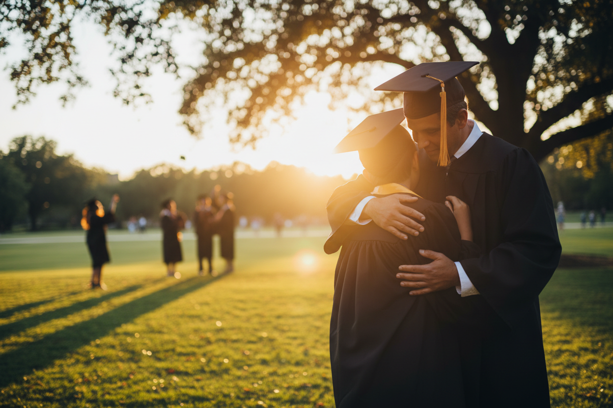 A heartwarming, cinematic photograph taken from behind of a parent proudly hugging their child who is wearing a black graduation gown and cap. They are standing outdoors on a beautiful university campus lawn at sunset. Warm, golden hour backlight creating a halo effect around them. Emotional, candid moment, sense of pride and love. Shallow depth of field, blurred background with other celebratory people. Wide horizontal composition with negative space on the left for text. --ar 16:9
