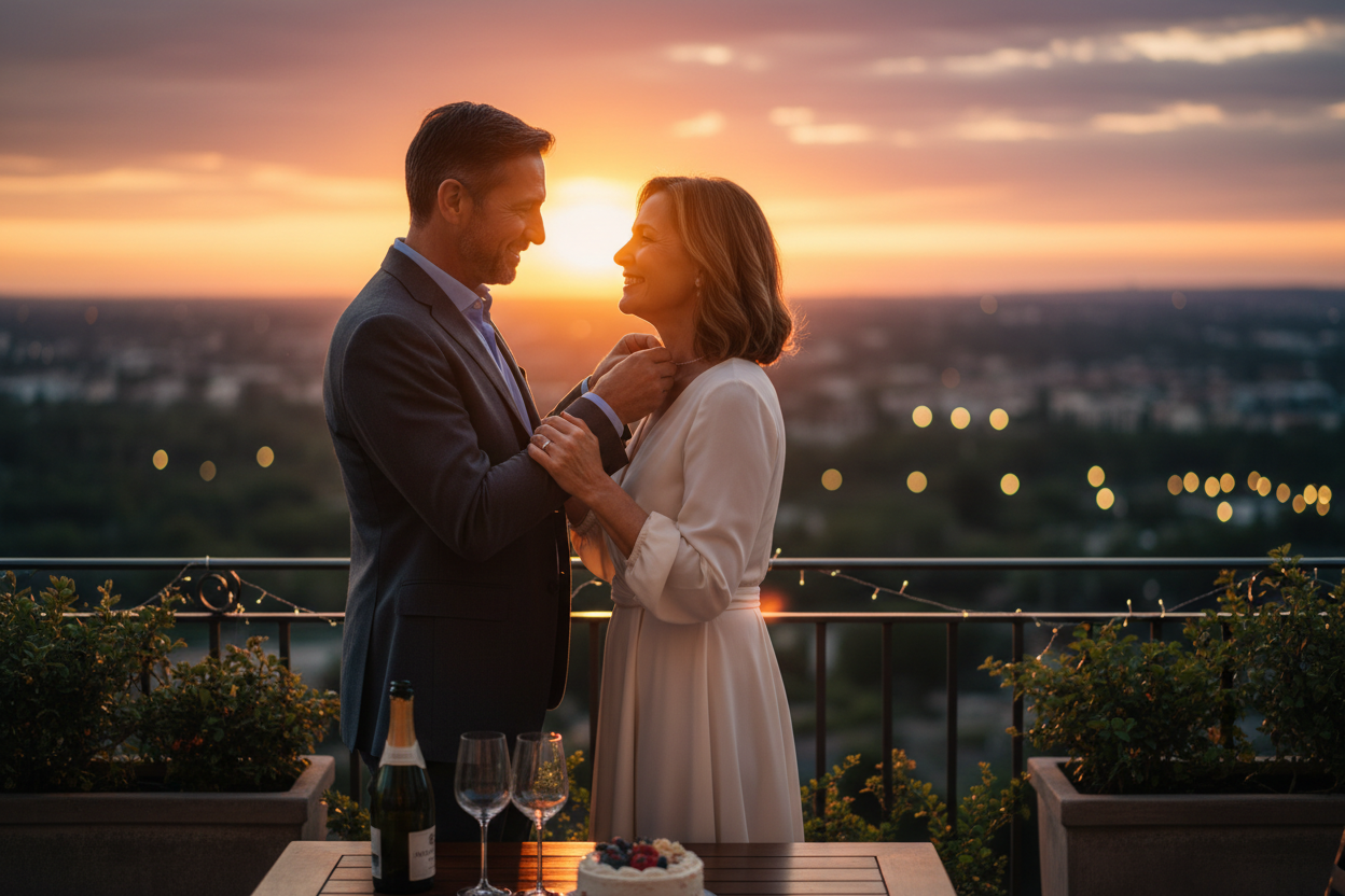 A romantic, candid photograph of a loving middle-aged couple (in their 50s) celebrating their anniversary on a beautiful outdoor terrace at sunset. The husband is gently placing a delicate necklace around his smiling wife's neck. She is looking at him with pure love and joy. The background is a warm, golden hour landscape with soft bokeh lights from a city or garden. Cinematic lighting, elegant atmosphere. High detail, photorealistic. Wide horizontal composition. --ar 16:9