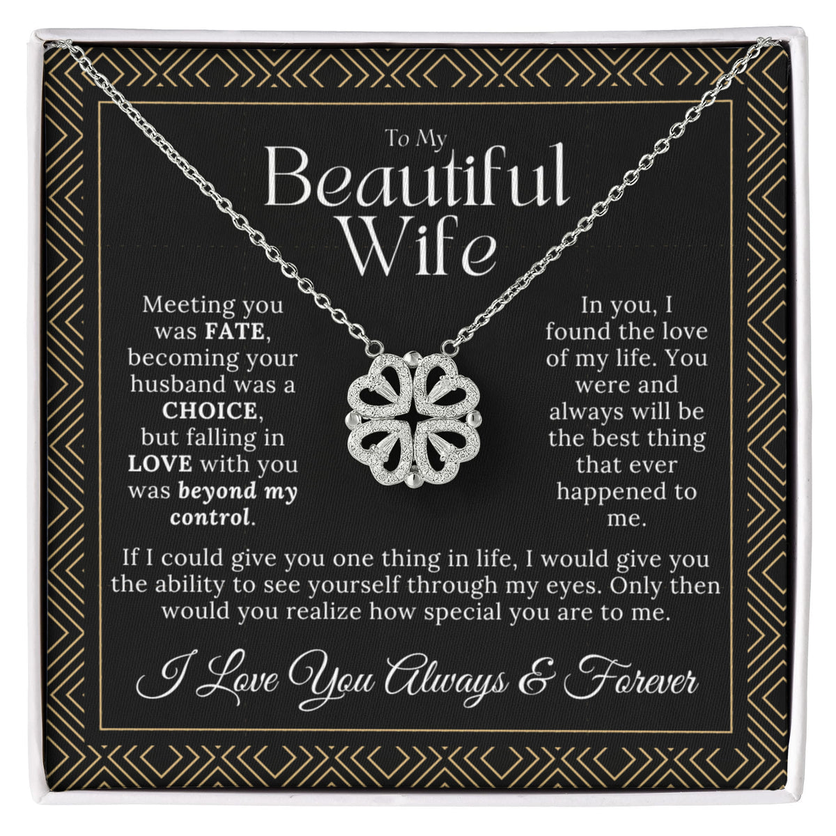 "Meeting You Was Fate" Necklace for Wife - 2-in-1 Magnetic Heart Clover, Romantic Anniversary & Birthday Gift with Sentimental Message Card