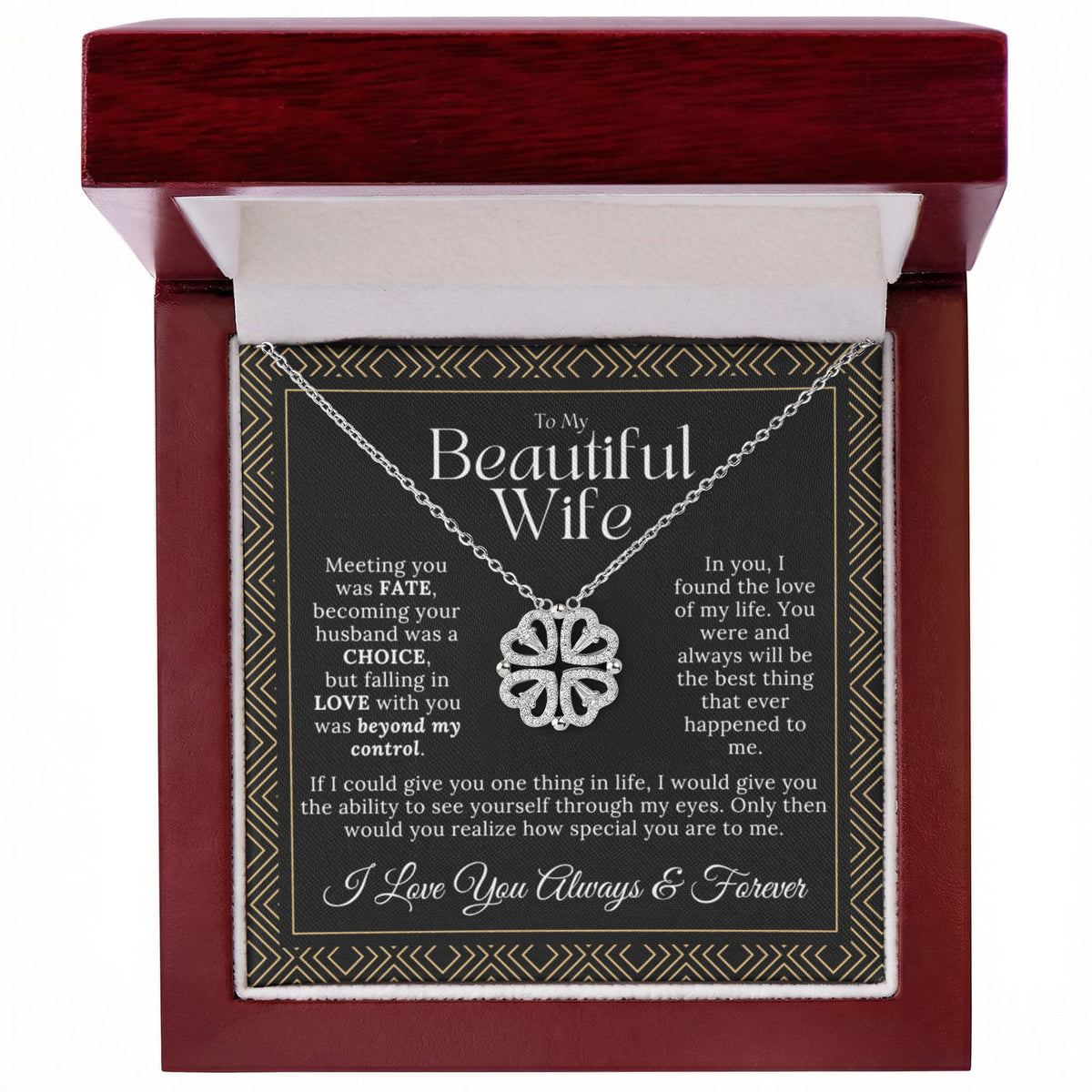 "Meeting You Was Fate" Necklace for Wife - 2-in-1 Magnetic Heart Clover, Romantic Anniversary & Birthday Gift with Sentimental Message Card