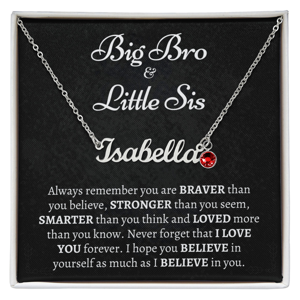 Personalized Big Bro & Little Sis Name Necklace with Birthstone - "Braver, Stronger, Smarter" Gift Box