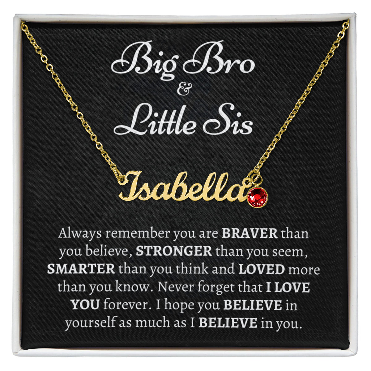 Personalized gold name necklace for little sister from big brother