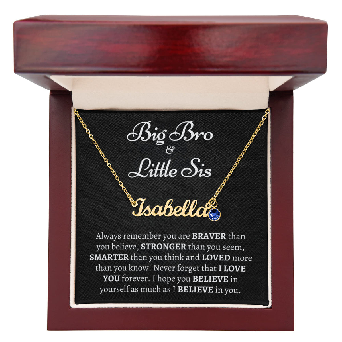 Personalized Big Bro & Little Sis Name Necklace with Birthstone - "Braver, Stronger, Smarter" Gift Box