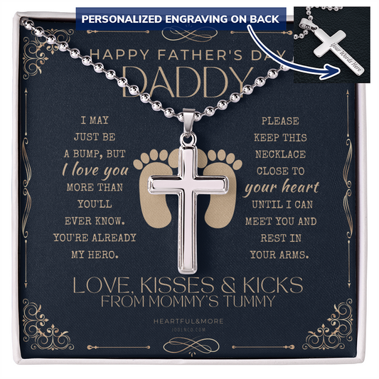 First Father's Day Gift - "Love & Kicks from Tummy" Personalized Cross Necklace | Daddy-to-Be Gift