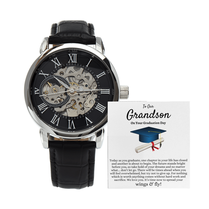 To Our Grandson Graduation Gift from Grandma Grandpa, Best Graduation Gift for Grandson, Men's Openwork Watch, Class of 2026, Grandson Gift