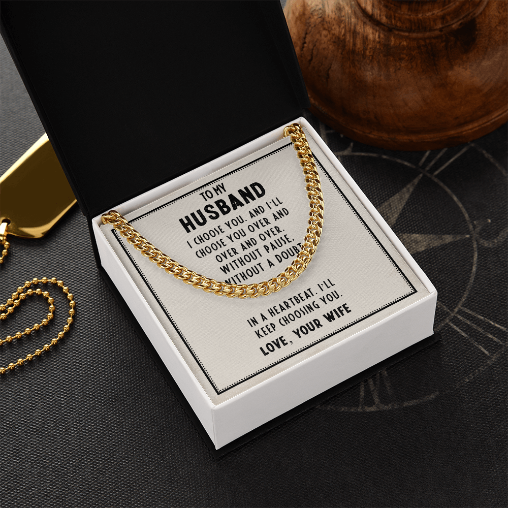 To My Husband Necklace – Gift from Wife – I Choose You Message Card – Cuban Link Chain