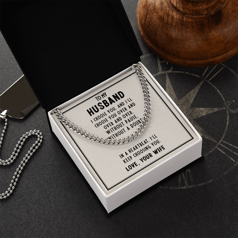 To My Husband Necklace – Gift from Wife – I Choose You Message Card – Cuban Link Chain