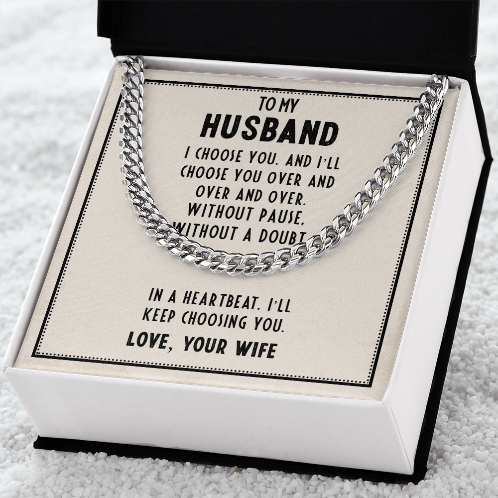 To My Husband Necklace – Gift from Wife – I Choose You Message Card – Cuban Link Chain