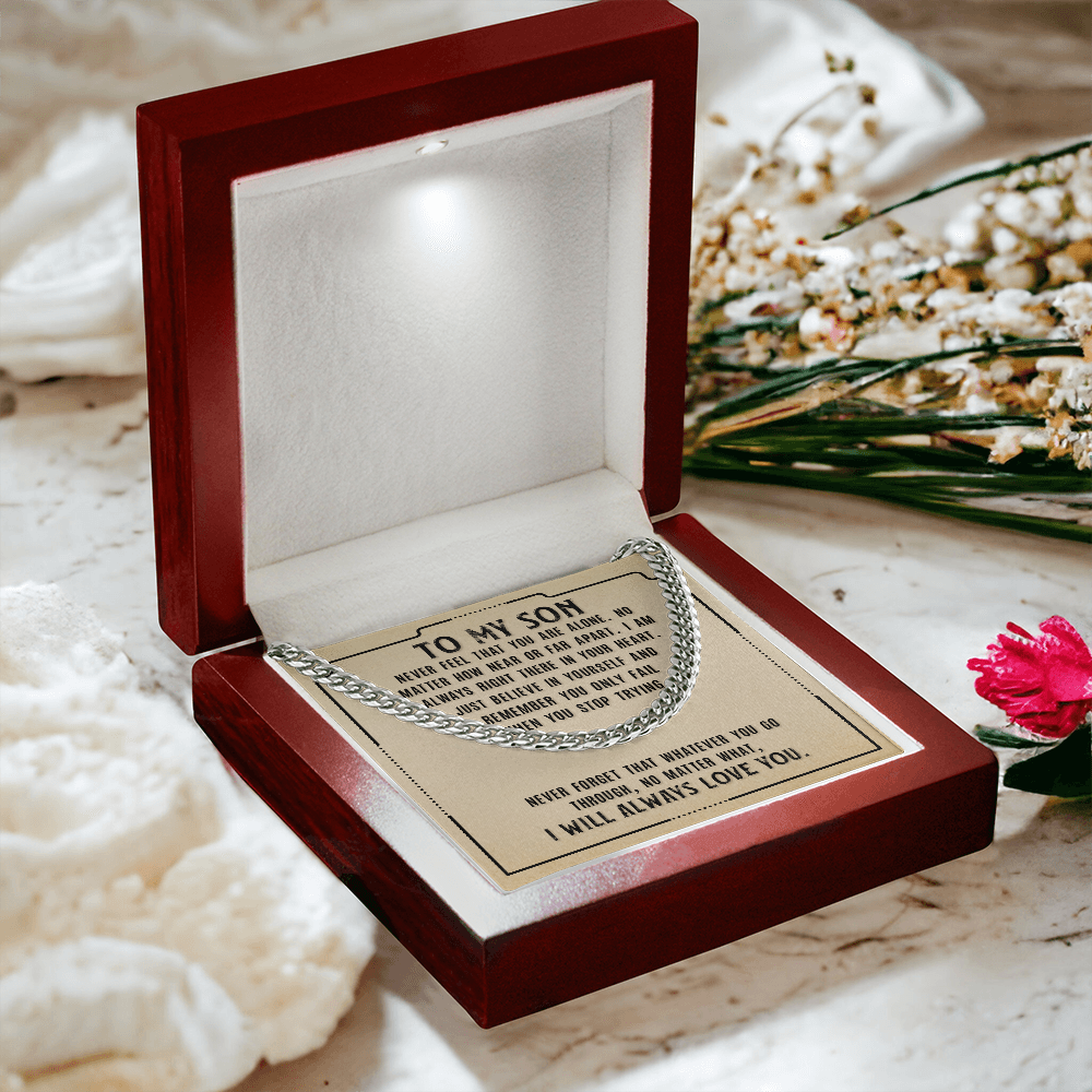 To My Son Necklace – Meaningful Gift for Son from Mom or Dad – I Will Always Love You Message Card – Cuban Link Chain