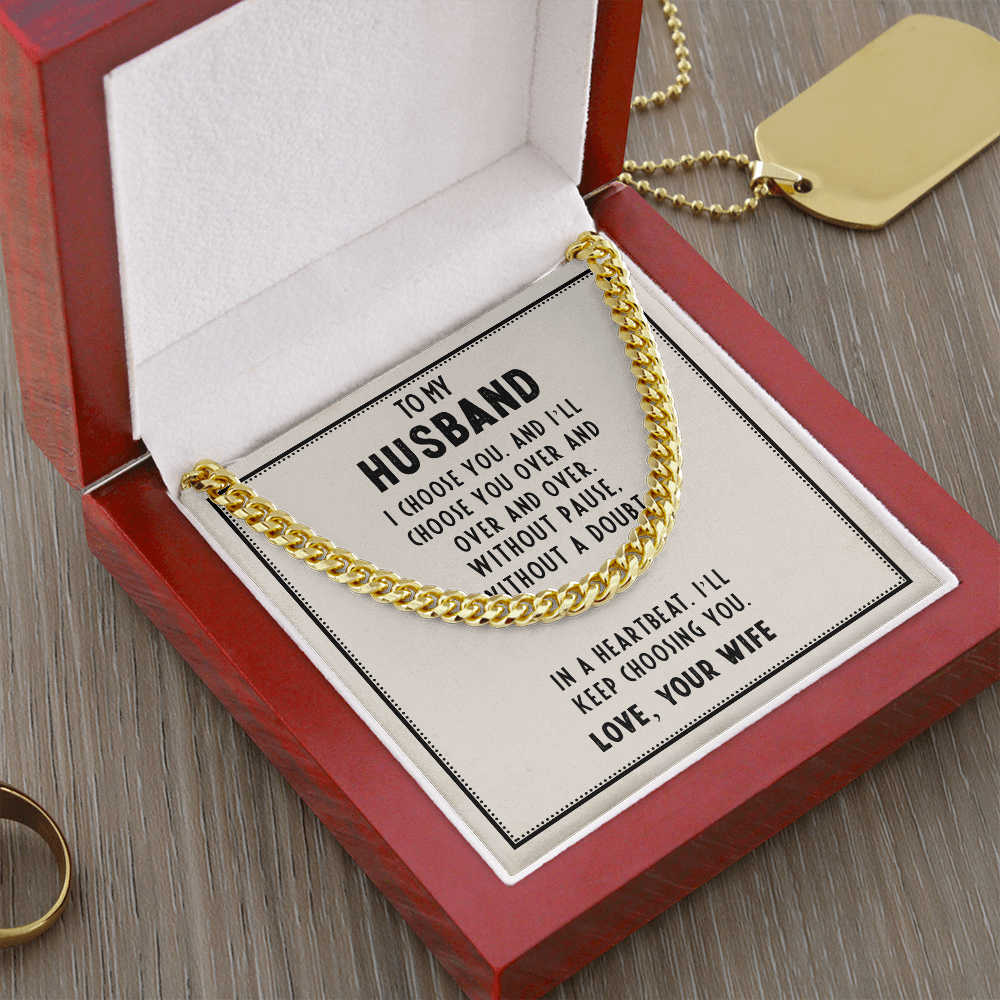 To My Husband Necklace – Gift from Wife – I Choose You Message Card – Cuban Link Chain