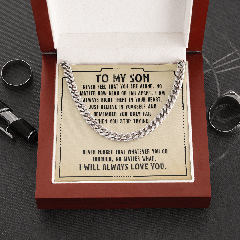 To My Son Necklace – Meaningful Gift for Son from Mom or Dad – I Will Always Love You Message Card – Cuban Link Chain