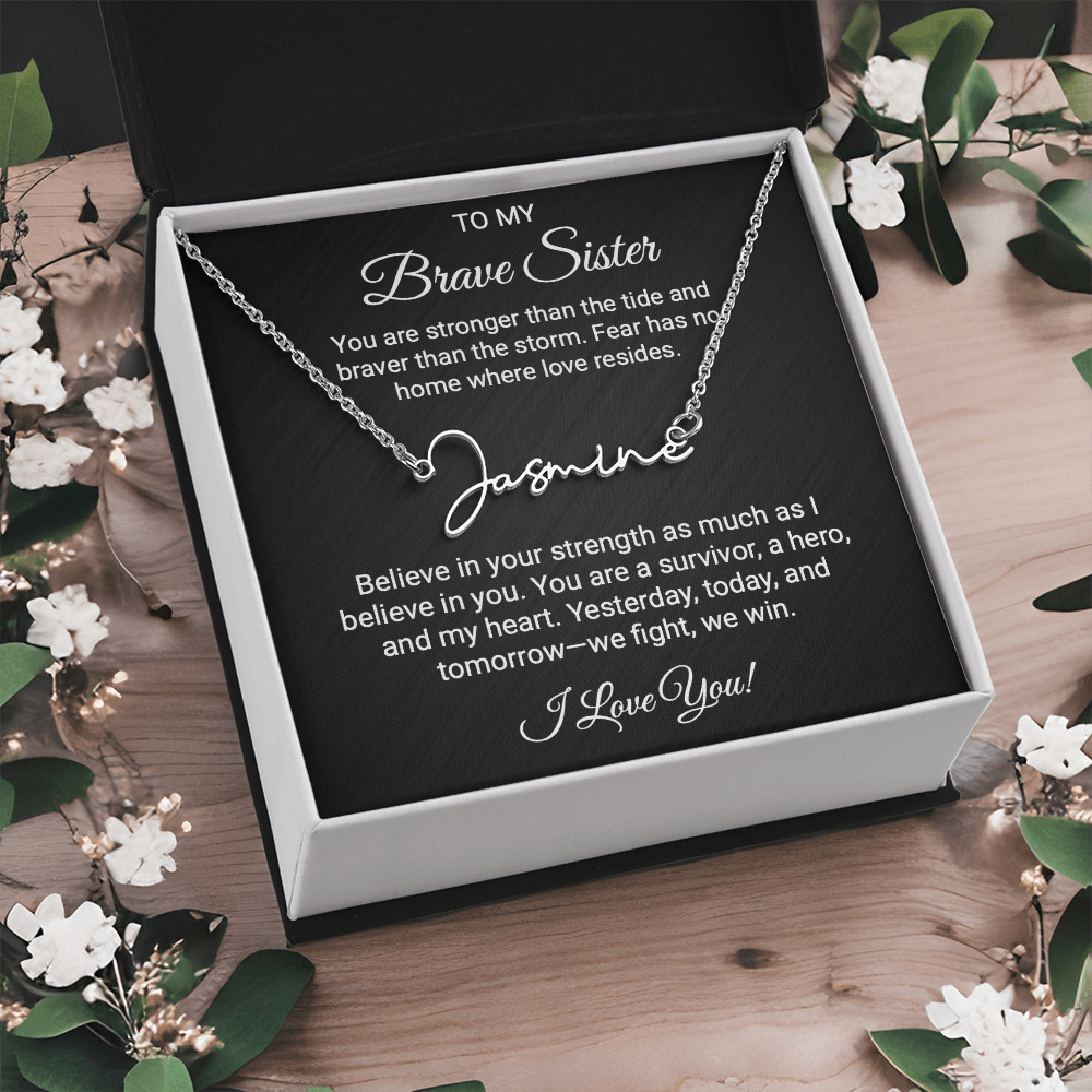 To My Warrior Sister - Personalized Name Necklace with Heartfelt Message Card | Cancer Support Gift, Sisterhood Strength Jewelry