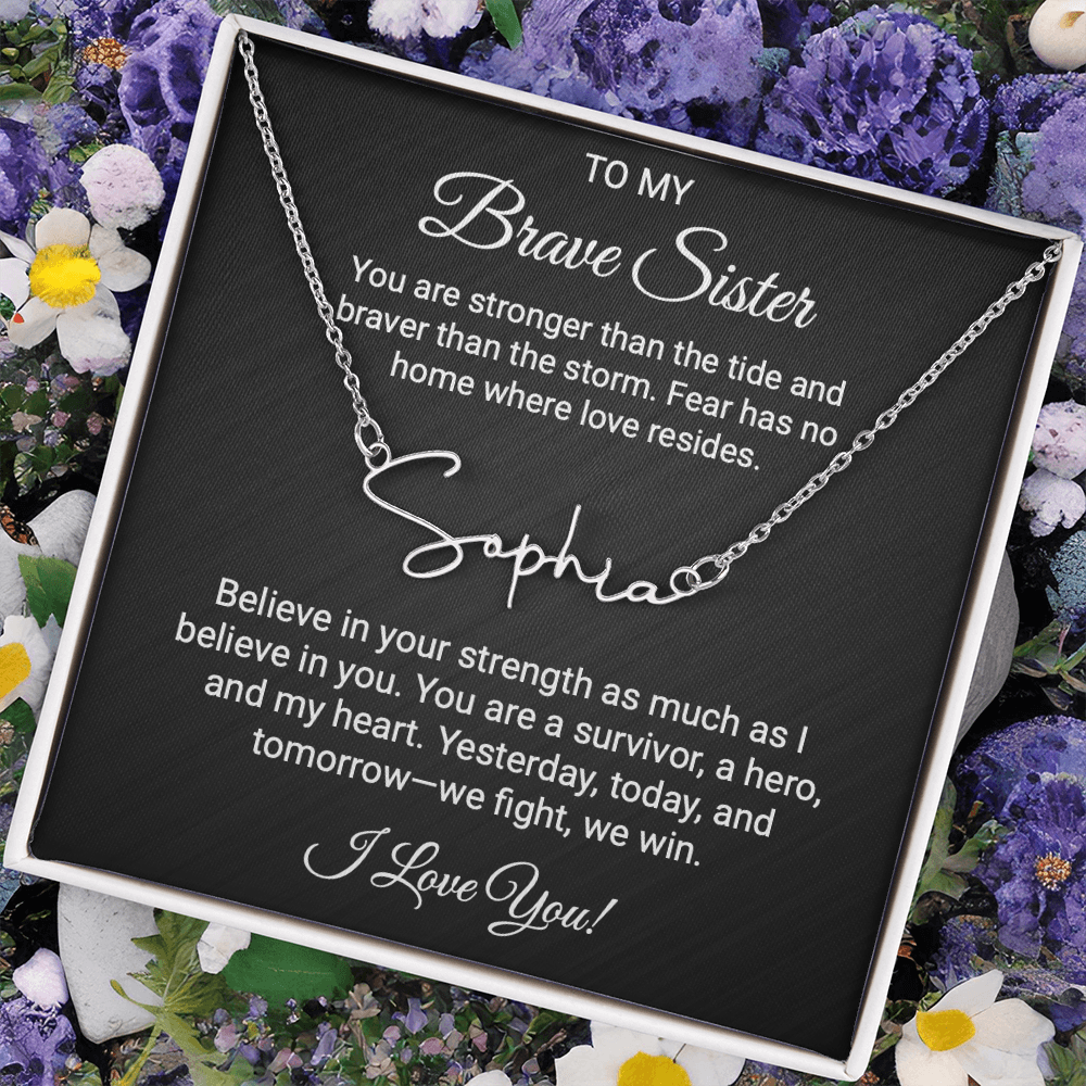 To My Warrior Sister - Personalized Name Necklace with Heartfelt Message Card | Cancer Support Gift, Sisterhood Strength Jewelry