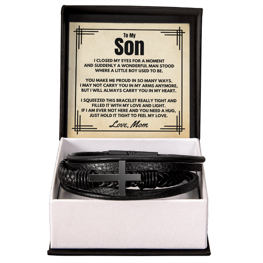 To My Son - Men's Cross Leather Bracelet | "Always in My Heart" Gift from Mom