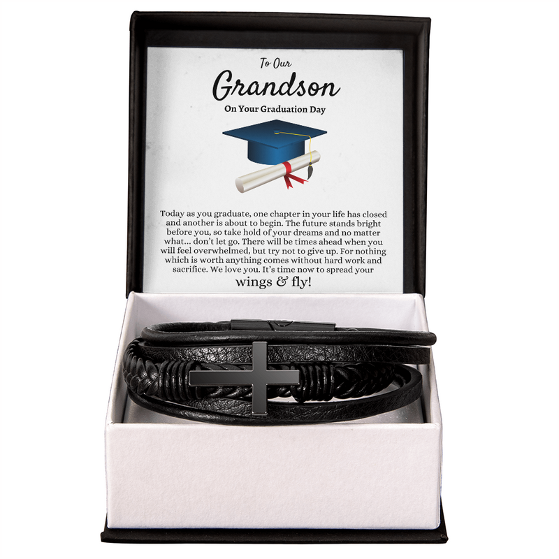 To Our Grandson Graduation Gift from Grandma Grandpa, Best Graduation Gift for Grandson,  Cross Leather Bracelet, Class of 2026, Grandson Gift