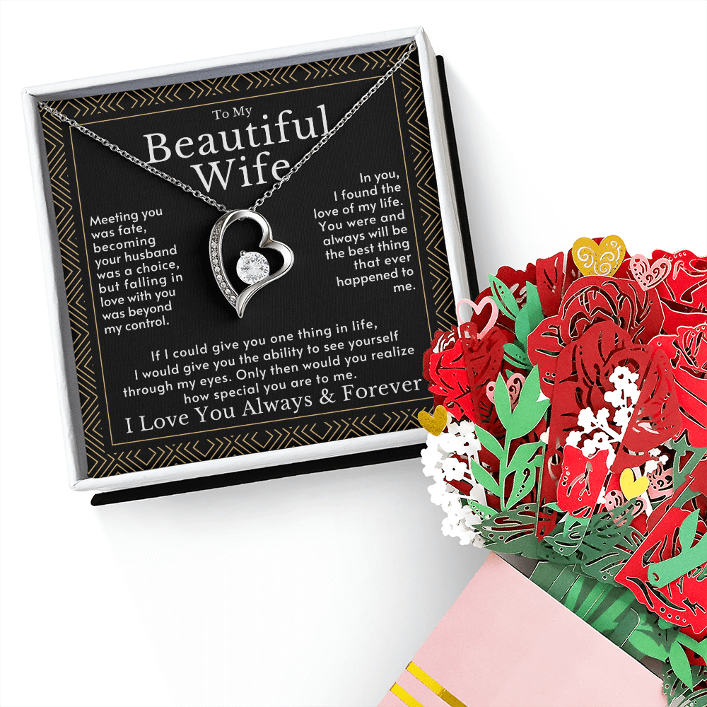 Romantic Gift for Wife: 3D Pop-Up Rose Bouquet Card and Heart Necklace Set
