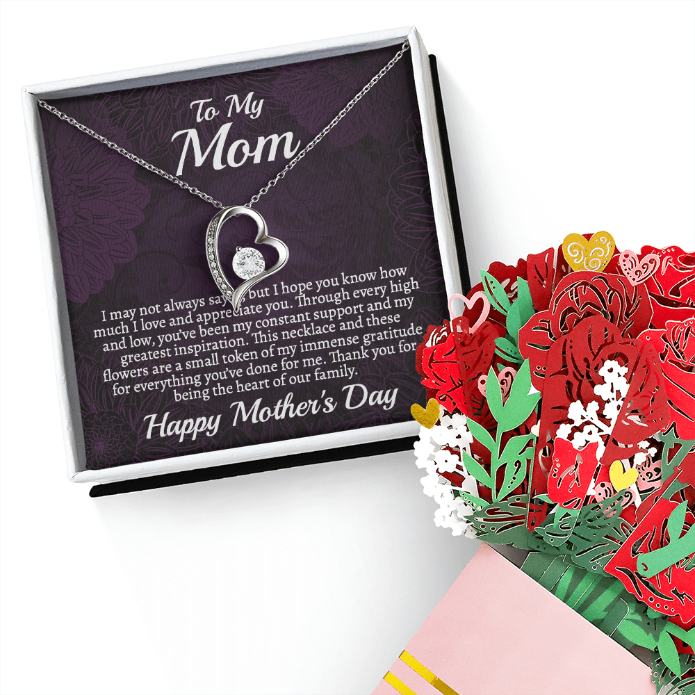 Meaningful Mother's Day Necklace & Rose Bouquet Set, Unique Gift for Mom from Son, Heart Pendant Jewelry