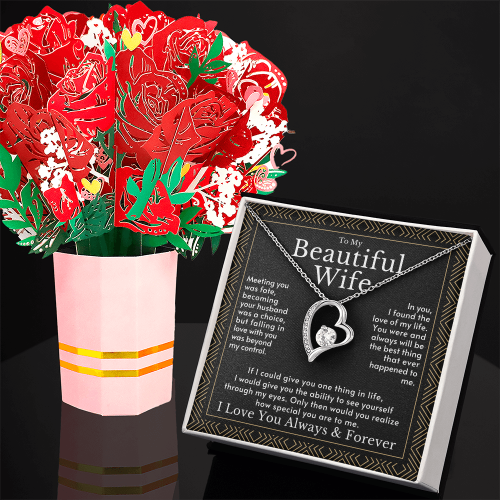 Romantic Gift for Wife: 3D Pop-Up Rose Bouquet Card and Heart Necklace Set