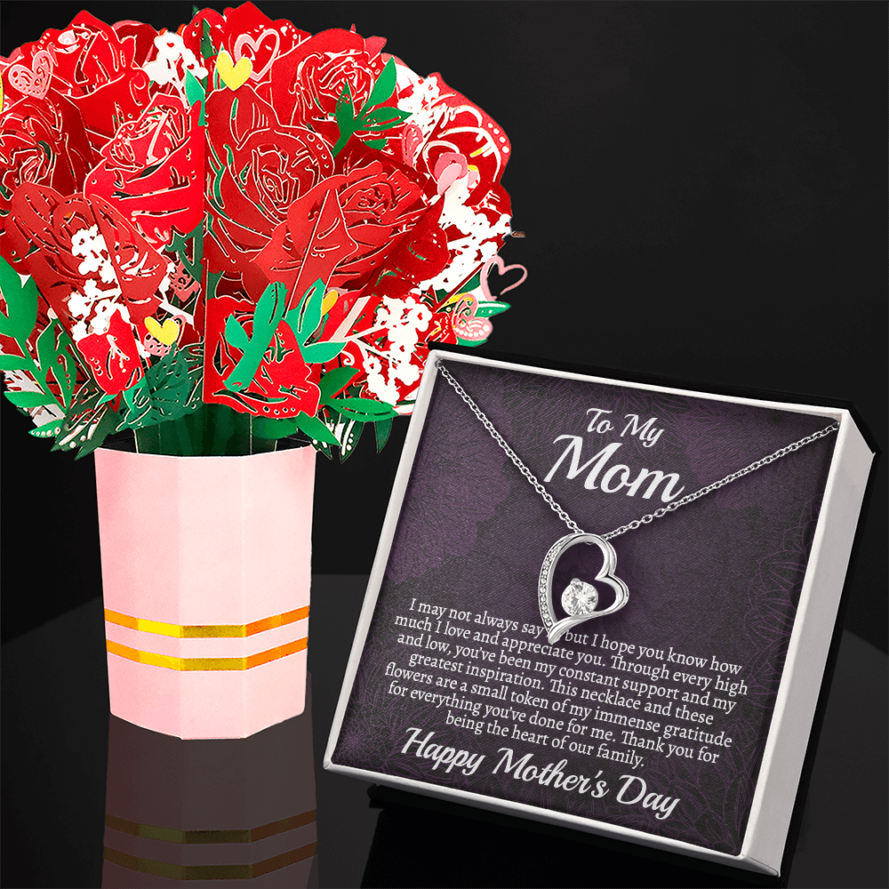 Meaningful Mother's Day Necklace & Rose Bouquet Set, Unique Gift for Mom from Son, Heart Pendant Jewelry