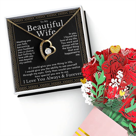 Romantic Gift for Wife: 3D Pop-Up Rose Bouquet Card and Heart Necklace Set