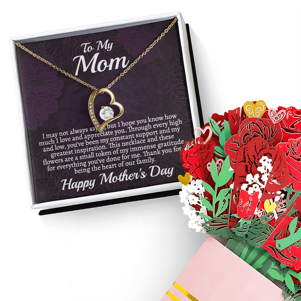 Meaningful Mother's Day Necklace & Rose Bouquet Set, Unique Gift for Mom from Son, Heart Pendant Jewelry