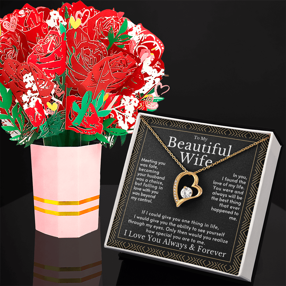 Romantic Gift for Wife: 3D Pop-Up Rose Bouquet Card and Heart Necklace Set