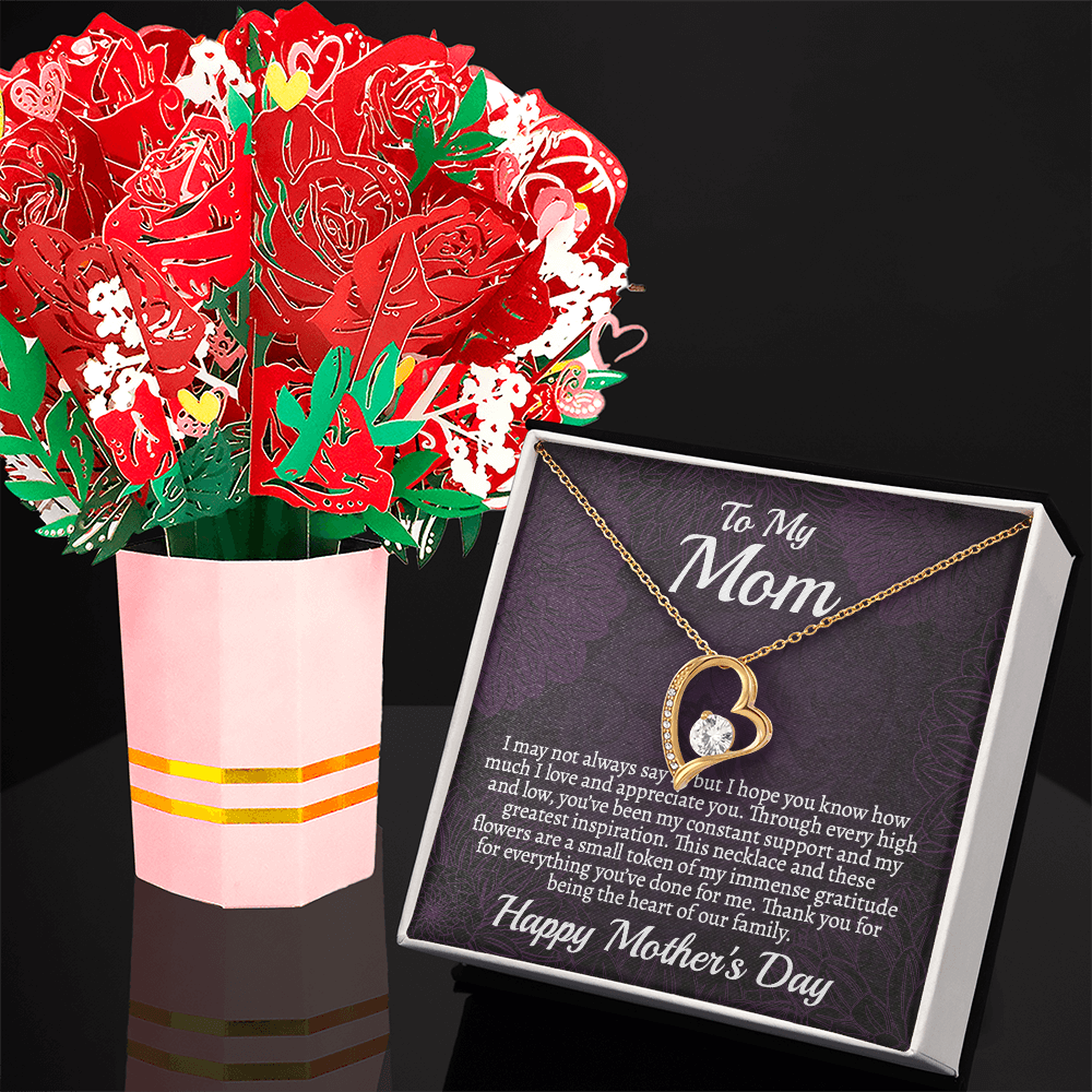 Meaningful Mother's Day Necklace & Rose Bouquet Set, Unique Gift for Mom from Son, Heart Pendant Jewelry