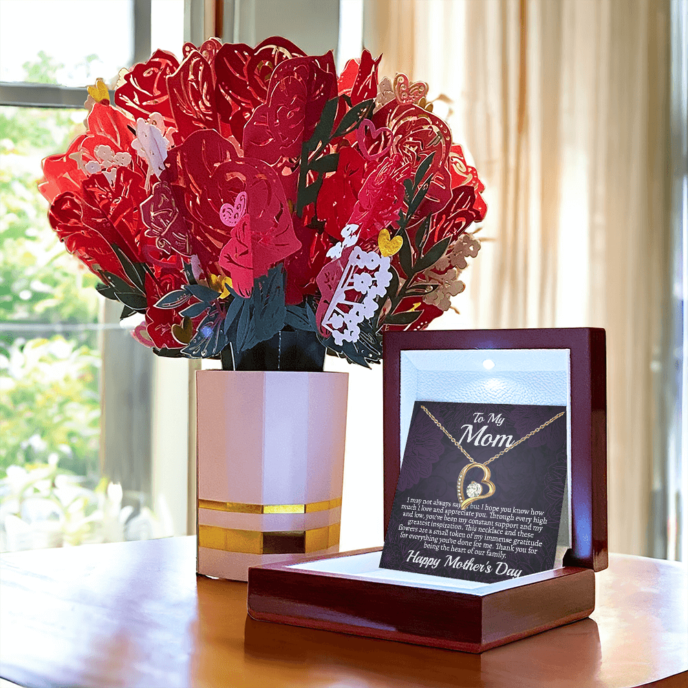 Meaningful Mother's Day Necklace & Rose Bouquet Set, Unique Gift for Mom from Son, Heart Pendant Jewelry