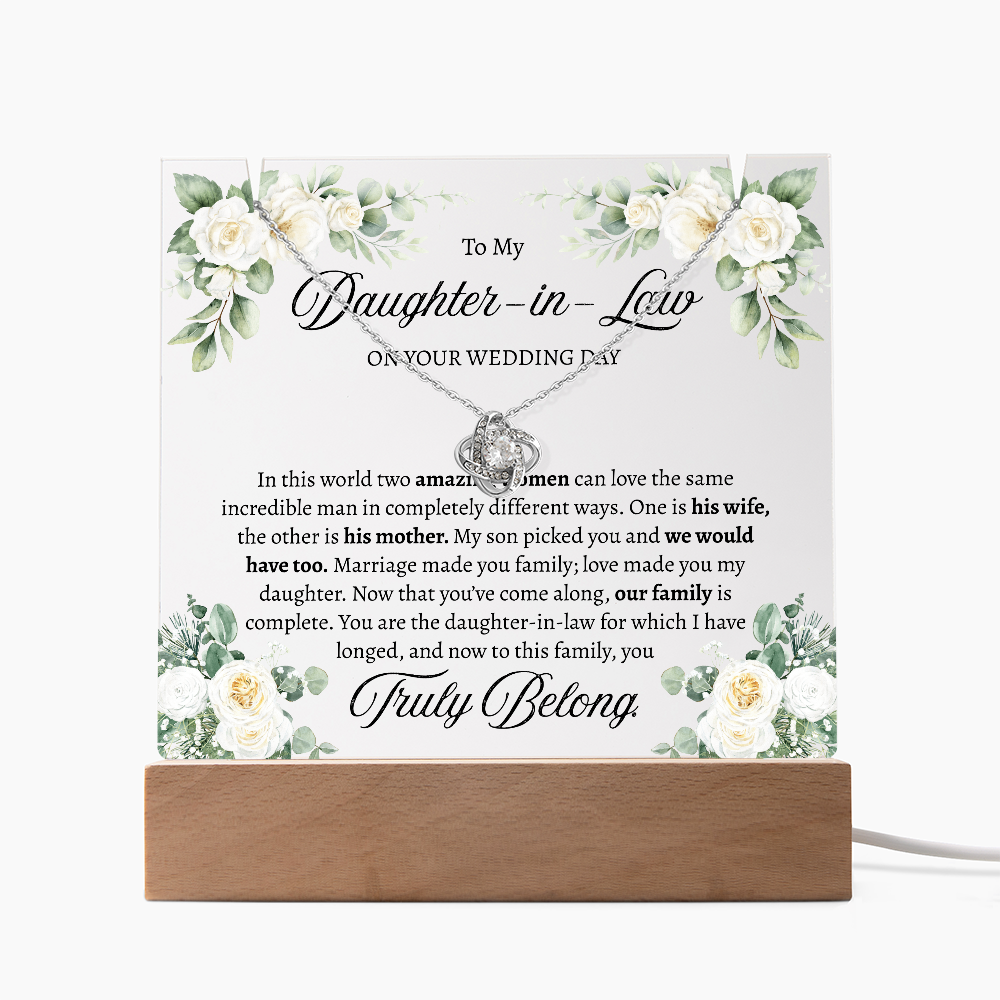 Bride Gift from Mother in Law – Love Knot Necklace & Square Acrylic Keepsake Bundle, Wedding Day Gift for Bride