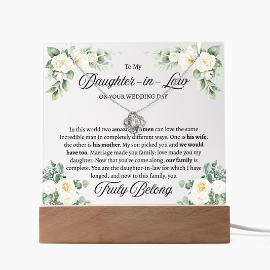 Bride Gift from Mother in Law – Love Knot Necklace & Square Acrylic Keepsake Bundle, Wedding Day Gift for Bride