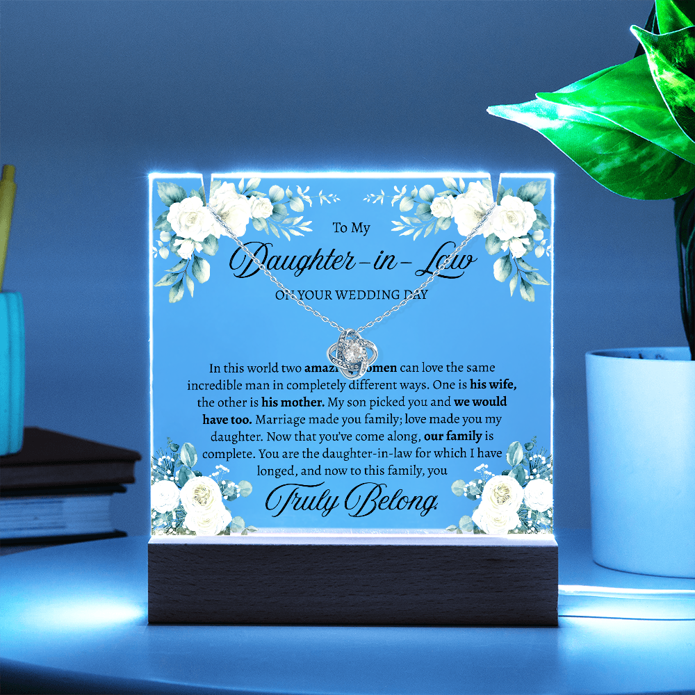 Bride Gift from Mother in Law – Love Knot Necklace & Square Acrylic Keepsake Bundle, Wedding Day Gift for Bride