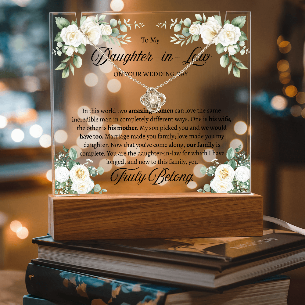 Bride Gift from Mother in Law – Love Knot Necklace & Square Acrylic Keepsake Bundle, Wedding Day Gift for Bride