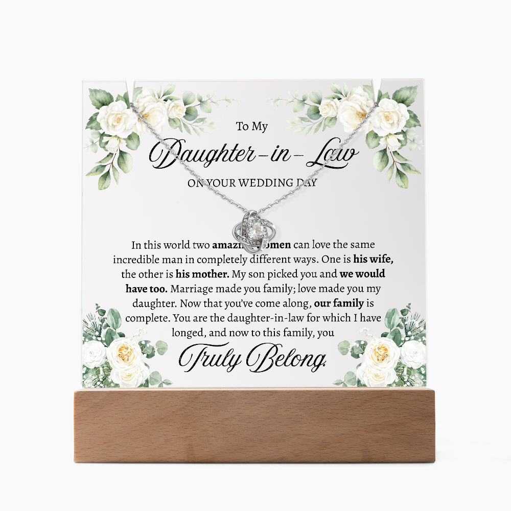 Bride Gift from Mother in Law – Love Knot Necklace & Square Acrylic Keepsake Bundle, Wedding Day Gift for Bride