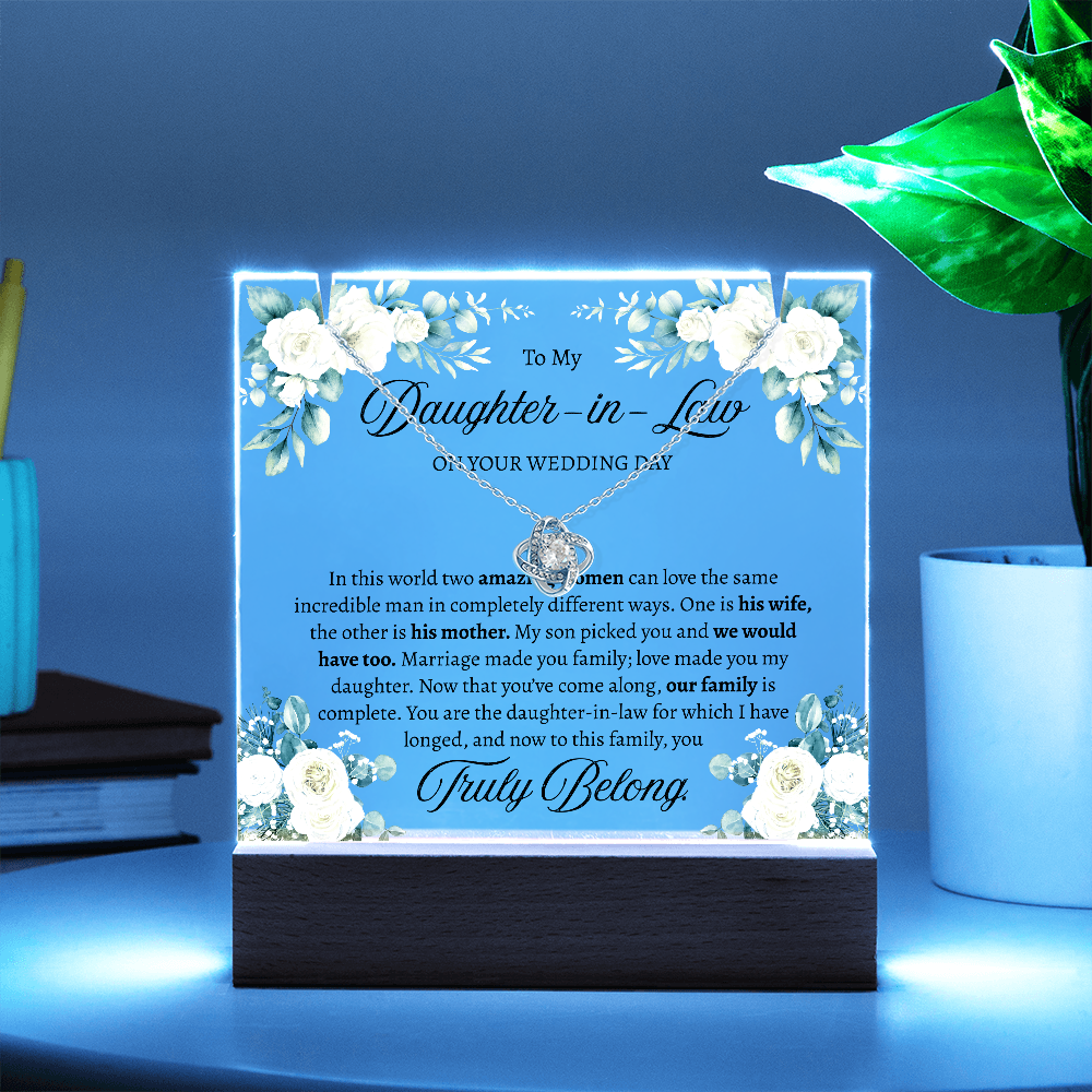 Bride Gift from Mother in Law – Love Knot Necklace & Square Acrylic Keepsake Bundle, Wedding Day Gift for Bride