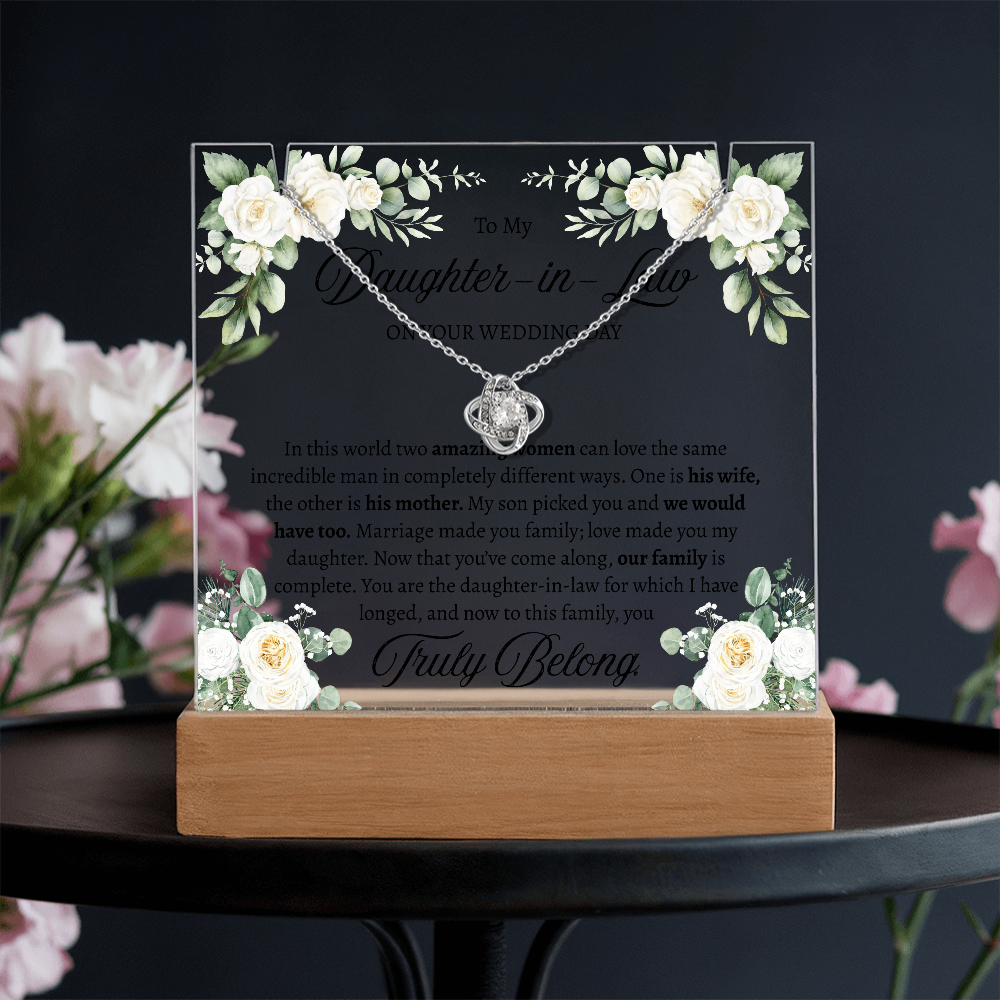 Bride Gift from Mother in Law – Love Knot Necklace & Square Acrylic Keepsake Bundle, Wedding Day Gift for Bride