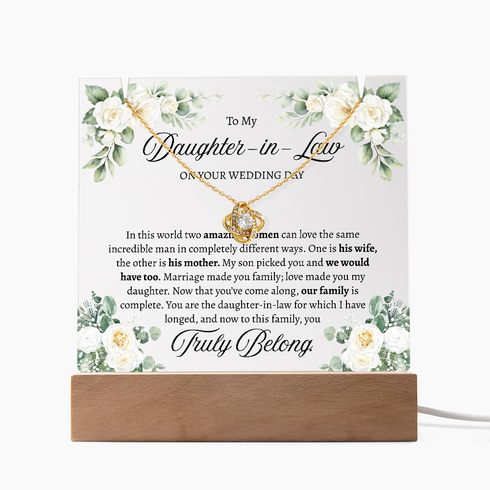Bride Gift from Mother in Law – Love Knot Necklace & Square Acrylic Keepsake Bundle, Wedding Day Gift for Bride