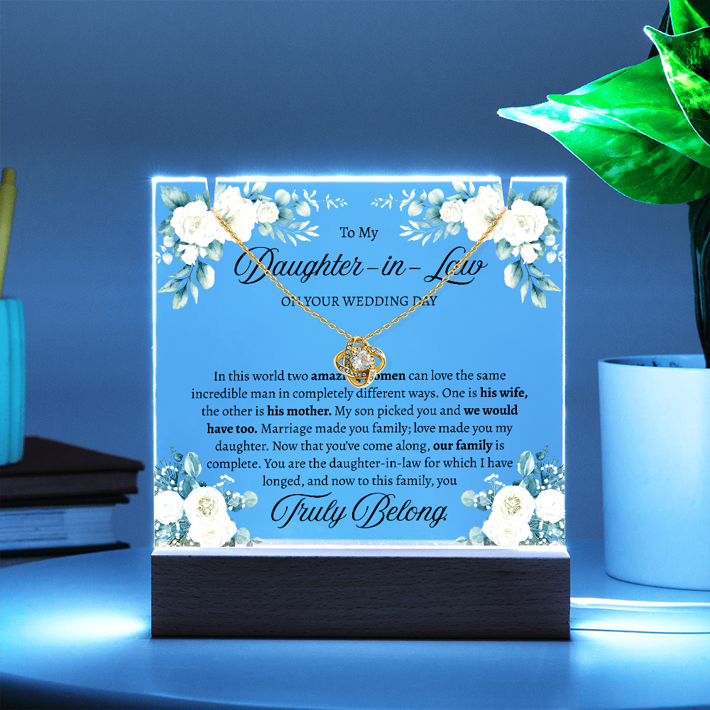 Bride Gift from Mother in Law – Love Knot Necklace & Square Acrylic Keepsake Bundle, Wedding Day Gift for Bride