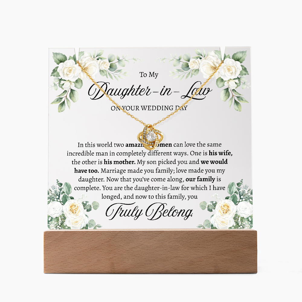 Bride Gift from Mother in Law – Love Knot Necklace & Square Acrylic Keepsake Bundle, Wedding Day Gift for Bride