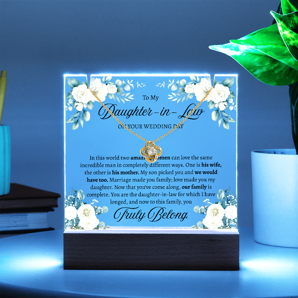 Bride Gift from Mother in Law – Love Knot Necklace & Square Acrylic Keepsake Bundle, Wedding Day Gift for Bride