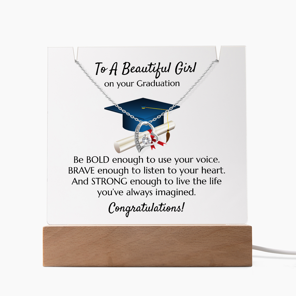 Graduation Heart Necklace with Acrylic Plaque Stand - Bold Brave Strong Gift for Her