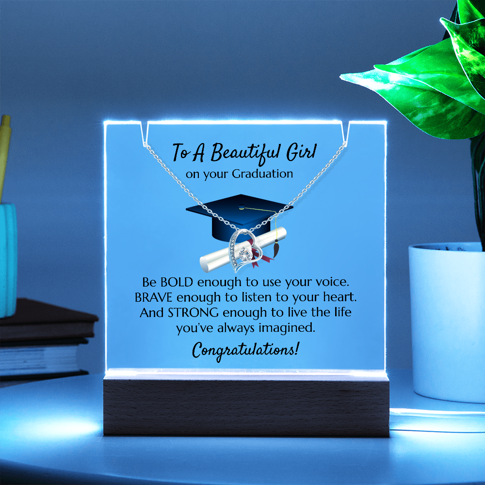 Graduation Heart Necklace with Acrylic Plaque Stand - Bold Brave Strong Gift for Her