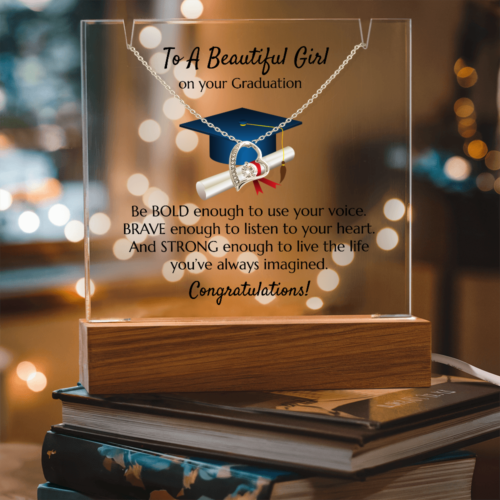 Graduation Heart Necklace with Acrylic Plaque Stand - Bold Brave Strong Gift for Her