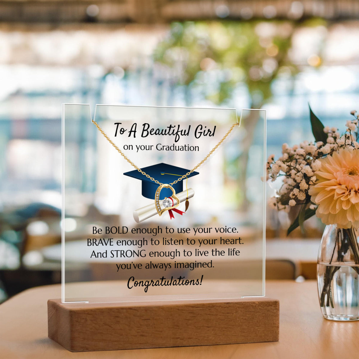 Graduation Heart Necklace with Acrylic Plaque Stand - Bold Brave Strong Gift for Her