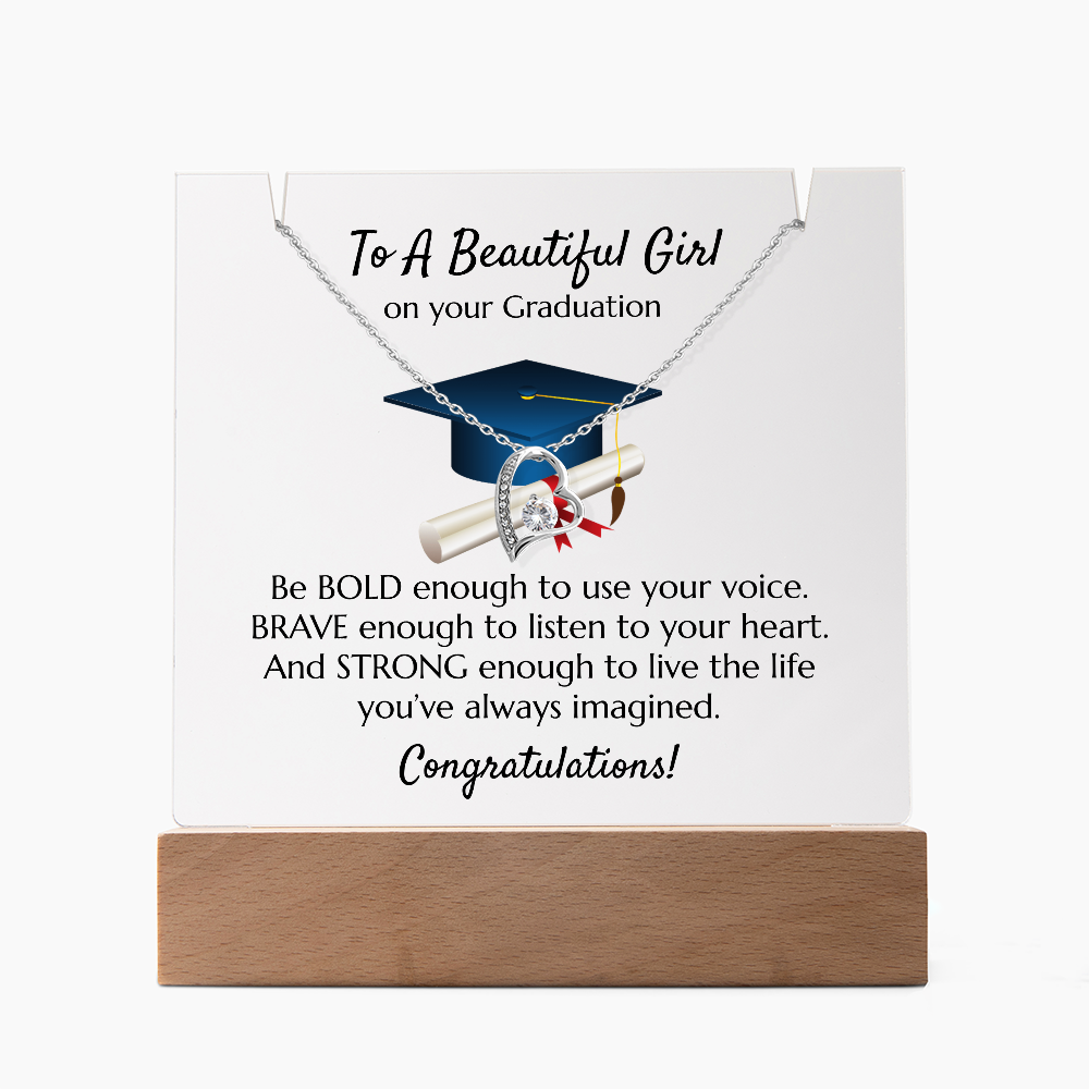 Graduation Heart Necklace with Acrylic Plaque Stand - Bold Brave Strong Gift for Her