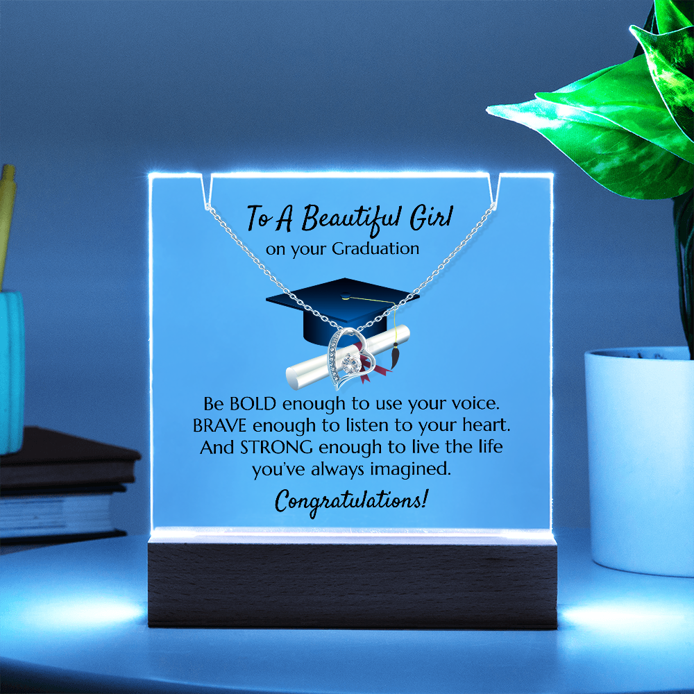 Graduation Heart Necklace with Acrylic Plaque Stand - Bold Brave Strong Gift for Her